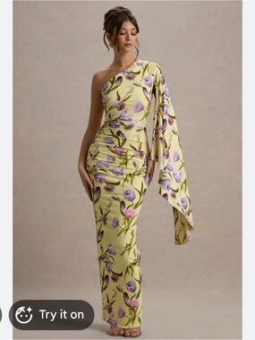 Club London One-Shoulder Floral Column Dress in Lemon with Lavender Accents